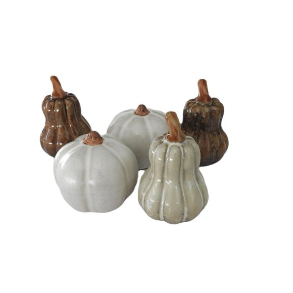 Small Ceramic Gourds Pumpkins Set of 5 Neutral Colors Glaze - Picture 2 of 7